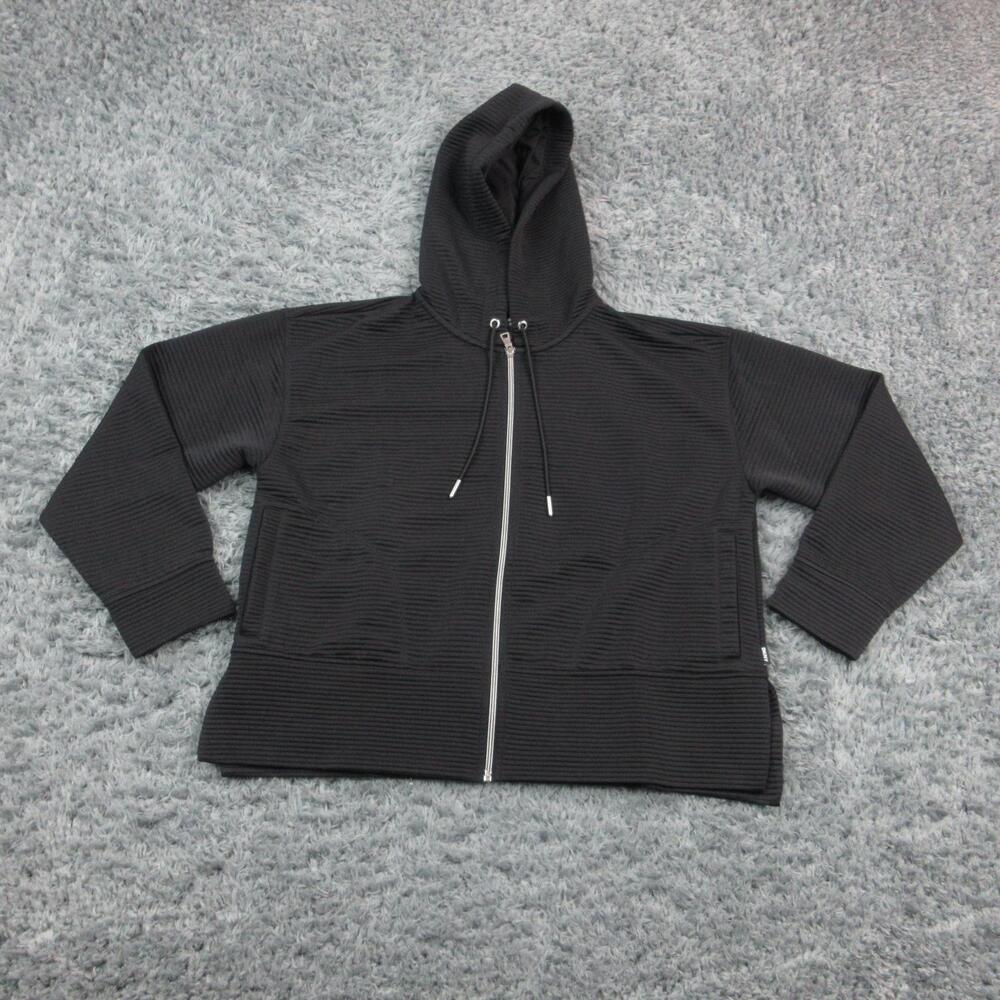 DKNY Hoodie Womens Large Black Full Zip Ribbed Knit Lined Stretch Pockets